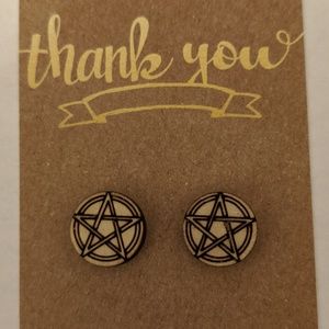 Pentacle Wooden Laser Cut Stud Earrings NWT